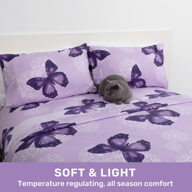 ARTALL 4-Piece Butterfly Print Full Size Sheet Set, Soft Microfiber All-Season Bed Sheets Includes 2 Pillowcases, 1 Flat Sheet, 1 Fitted Sheet with 15" Deep Pockets, Purple - Image 3